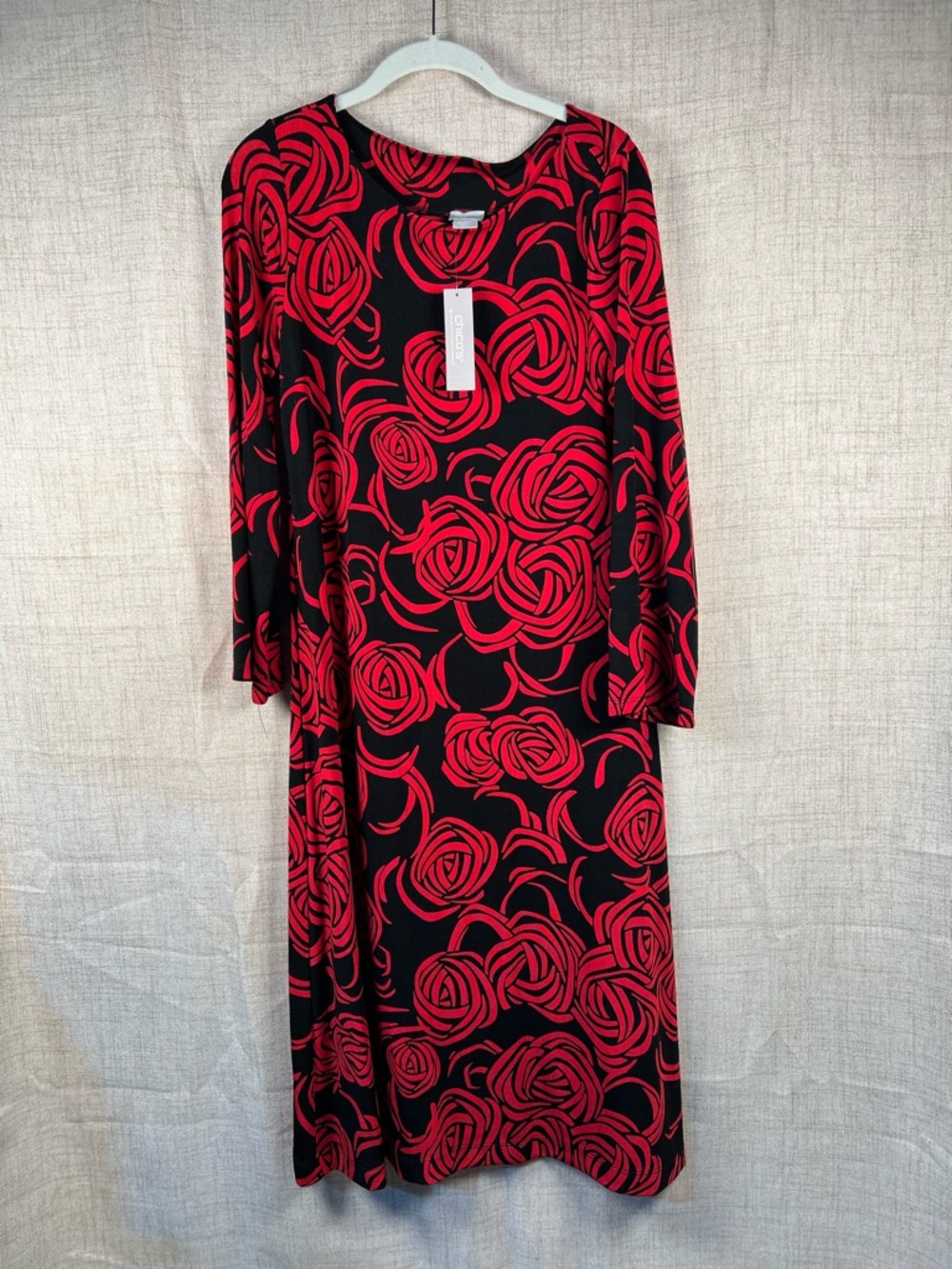 Chicos Dress Rose Print Bell Sleeve Wild Poppy/Black NWT Travelers Stretchy 8-10
